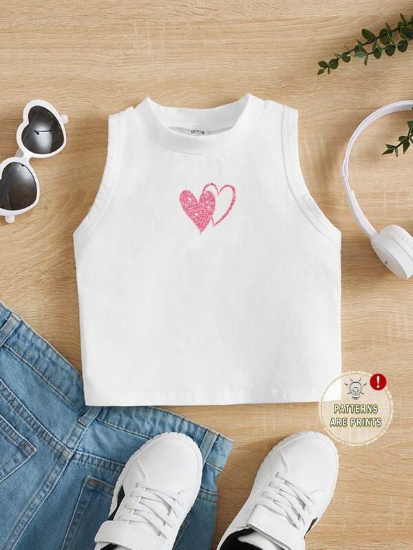 SHEIN فتاة شابة، ملابس علوية خزان محبب هندسي بطبعة قلوب كرتونية عصري مناسب للصيف