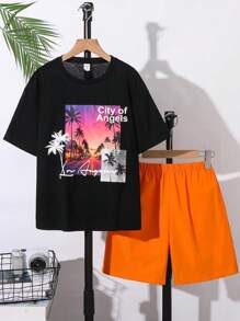 2pcs/Set Tween Boys Casual Vacation Versatile Palm Tree Print Pattern Collared Solid Color Woven Shorts Outfit, Suitable For School, Garden, Beach, Birthday Party, Holiday, Spring/Summer - Black - View 9