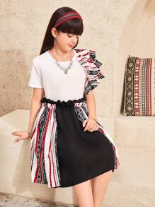 SHEIN Tween Girl 条纹复古印花分层荷叶边下摆不对称短袖 T 恤和裙子 2 件套 - 黑與白 - 查看 3