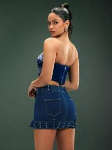 Denimoi 女士性感短款牛仔铆钉抹胸上衣 - 中等水洗藍 - 查看 3