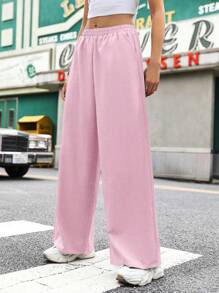SHEIN Unity Women's Solid Color Minimalist Fashion Wide Leg Pants, Suitable For Summer - Baby Pink - View 5