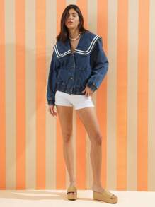 WESTFADE Sailor Collar Contrast Tipping Button Front Long Sleeve Spring Denim Jacket Summer Beach Vacation - Medium Wash - View 4