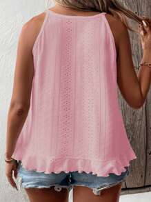 SHEIN Plus Size Women Leisure Print & Embroidery Ruffle Trim Halter Neck Camisole - Pink - View 2