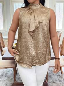 SHEIN Clasi Plus Size Women Elegant Gold Ruffle Collar Short Sleeve Shirt, Summer Sleeveless Blouse - Gold - View 4