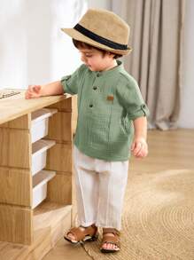 Cozy Pixies 2pcs Baby Boy Solid Color Stand Collar Short Sleeve Half-Zip Top With Decorative Stitching, Elastic Waist Pants, Summer Casual Set