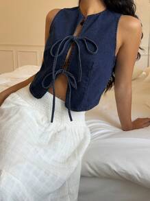 SHEIN ICON Women's Dark Wash Denim Crop Top, Sleeveless V-Neck Tie-Front Casual Top - Dark Wash - View 5