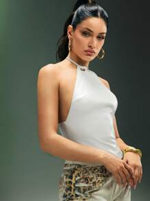 Denimoi 露背仿皮 O 形环吊带上衣 女生夜间外出约会夜夏季风格露背音乐会性感上衣 - 白色 - 查看 5