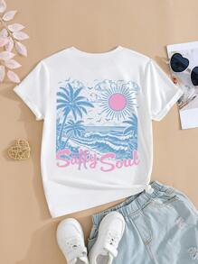 SHEIN Maglietta bianca a maniche corte con scollo rotondo, per ragazze adolescenti, con stampa ad onde del mare e fiocco, adorabile, ideale per vacanze