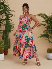 SHEIN LUNE Women's Plus Size Casual Bohemian Tropical Print Backless Halter Dress - Multicolor - View 4