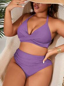 Slaydiva Plus Size Women's Solid Color Tankini Swimsuit Set For Beach/Resort For Summer Beach Vacation - Purple - View 1