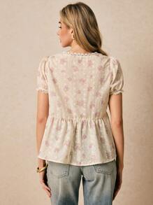 Poéselle 女士度假风刺绣泡泡袖休闲衬衫，度假女装，波西米亚风，可爱夏季上衣，外出上衣，夏季上衣 - 淡紫色 - 查看 6