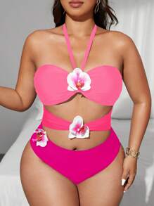 Swim Chiccia 加大码纯色简约连体泳衣，带 3D 蝴蝶兰花装饰，适合日常穿着、海滩和度假、夏季 - 彩色 - 查看 5