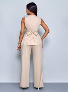 SOLERSUN 2 件套女士休闲时尚日常百搭不对称领口无袖不对称下摆衬衫和高腰阔腿裤（配腰带） - 杏色 - 查看 2