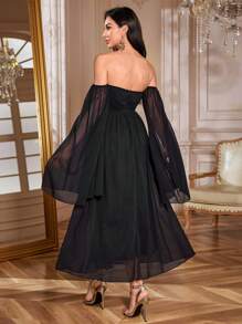 Modelyn Women's Solid Off Shoulder Long Sleeve Elegant Ruched Dress, Minimalist Design - Black - View 2