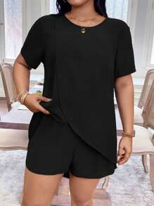 SHEIN LUNE Conjunto de talla grande para mujer de unicolor con cuello redondo y manga corta casual envolvente, adecuado para salir, vacaciones y uso diario, primavera/verano - Negro - Ver 3