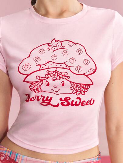 Strawberry Shortcake X SHEIN Áo thun cổ tròn tay ngắn họa tiết hoạt hình và chữ cái dành cho nữ