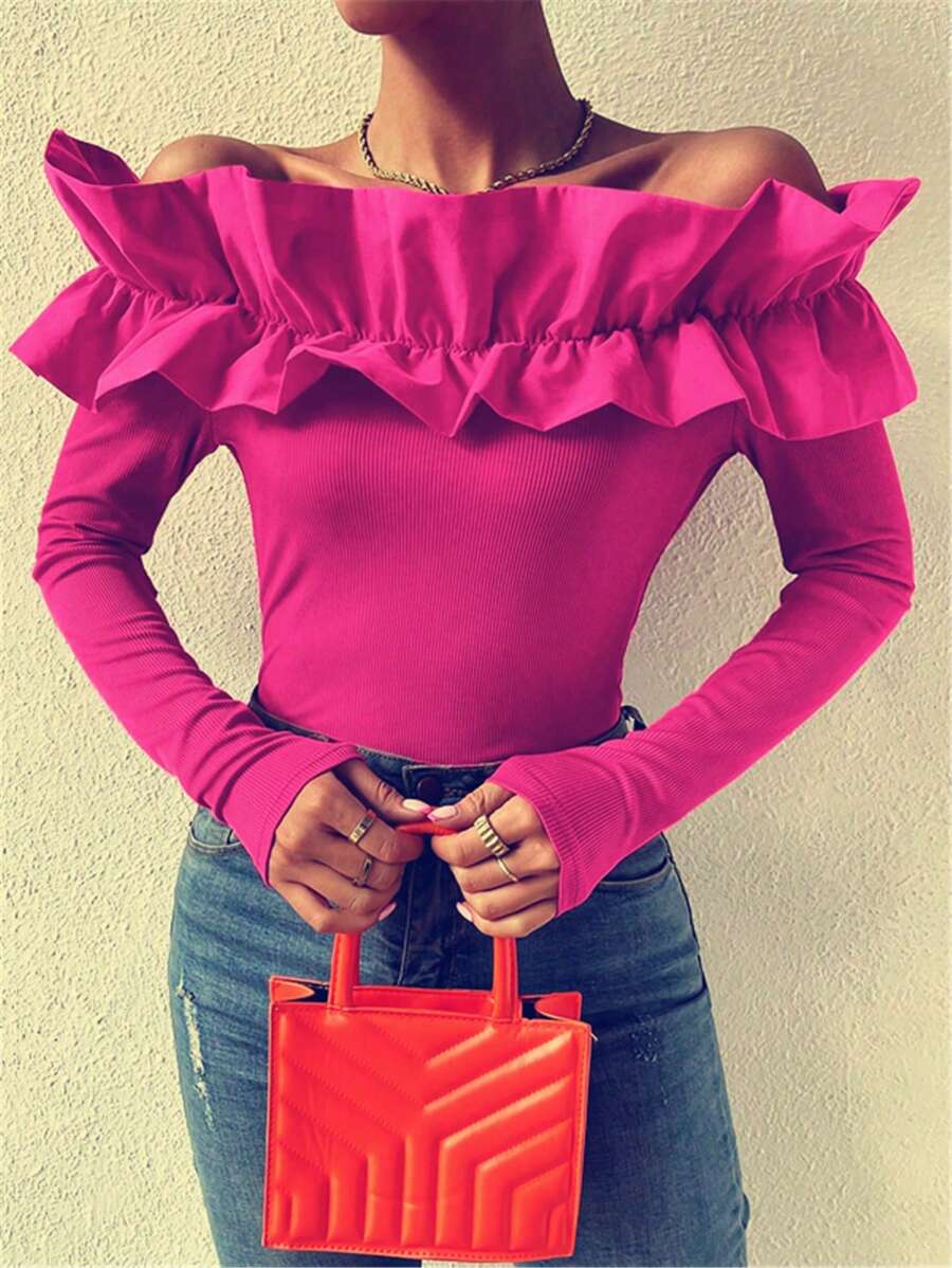 Chiquease 誇張荷葉邊一字肩T恤 - 玫紅色 - 查看 1