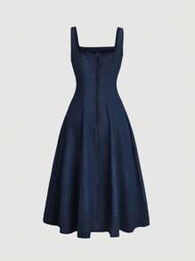 SHEIN MOD Women's Square Neck Sleeveless Casual Pleated Denim Dress - Dark Wash - View 2