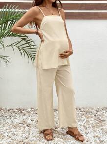 SHEIN Maternity 2pcs/Set Solid Side Slit Cami Top And Adjustable Waist Pants, Casual Vacation Outfit Cotton