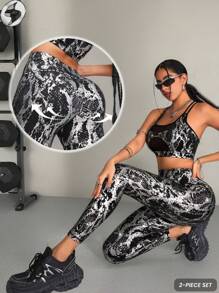 Innovista Snake Skin Pattern Mesh Sports Bra And Leggings 2 Pieces Set - Black - View 5