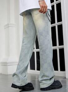 ROMWE MEN Street Life Men's Casual Checkerboard Washed Checked Flare Leg Jeans - Blue - View 4