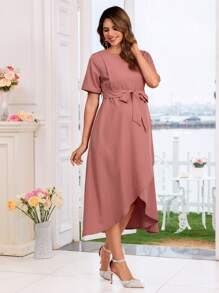 SHEIN Maternity Dress With Short Sleeves, Waist Ruched Drawstring, Hidden Zipper On Both Sides, Asymmetric Hem - Dusty Pink - View 5