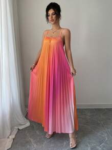 Selianne 女士渐变色花卉印花宽松 A 字中长吊带裙，度假休闲日常通勤装 - 彩色 - 查看 7