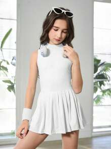 SHEIN Bộ đồ liền thân chống chói ngoài trời cho bé gái tuổi teen dùng khi chạy bộ, tập thể dục, các hoạt động thể thao như bóng rổ, bóng đá, quần vợt, cầu lông - Thời trang có khóa kéo ẩn phía sau - trắng - Xem 3