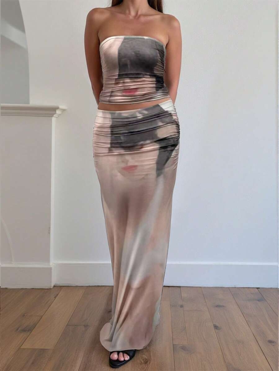 INAWLY 2pcs/Set Sexy Mesh Print Ruched Cropped Top & Mini Skirt - Multicolor - View 1