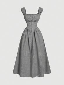 SHEIN MOD 女式春季黑白格子束腰休闲连衣裙