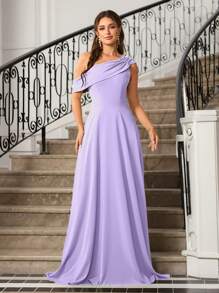 SHEIN Belle 女士纯色不对称领口优雅伴娘礼服 - 淡紫色 - 查看 8