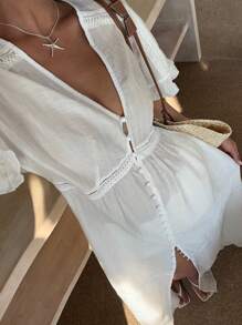 Sunnyshic Damen Kleid mit tiefem V-Ausschnitt und Spitzen-Patchwork, geeignet für den Urlaub - Weiss - Übersicht 3