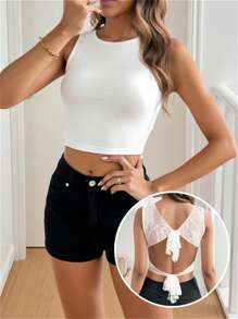 Women Elegant Lace-Up Backless Top - White - View 1