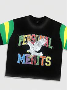 ROMWE MEN Street Life Conjunto de camiseta y pantalones cortos para hombre con estampado de letras y combinación de colores de contraste - Negro - Ver 4