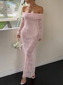 Lunelith SHEIN Lunessa Women's Floral Lace Off Shoulder Long Sleeve Fitted Elegant Dress