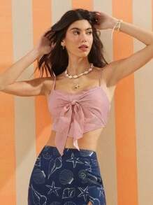 WESTFADE Áo crop top sọc ngang cổ chữ V họa tiết cowgirl miền Tây mùa hè đi biển - Đỏ và trắng - Xem 4