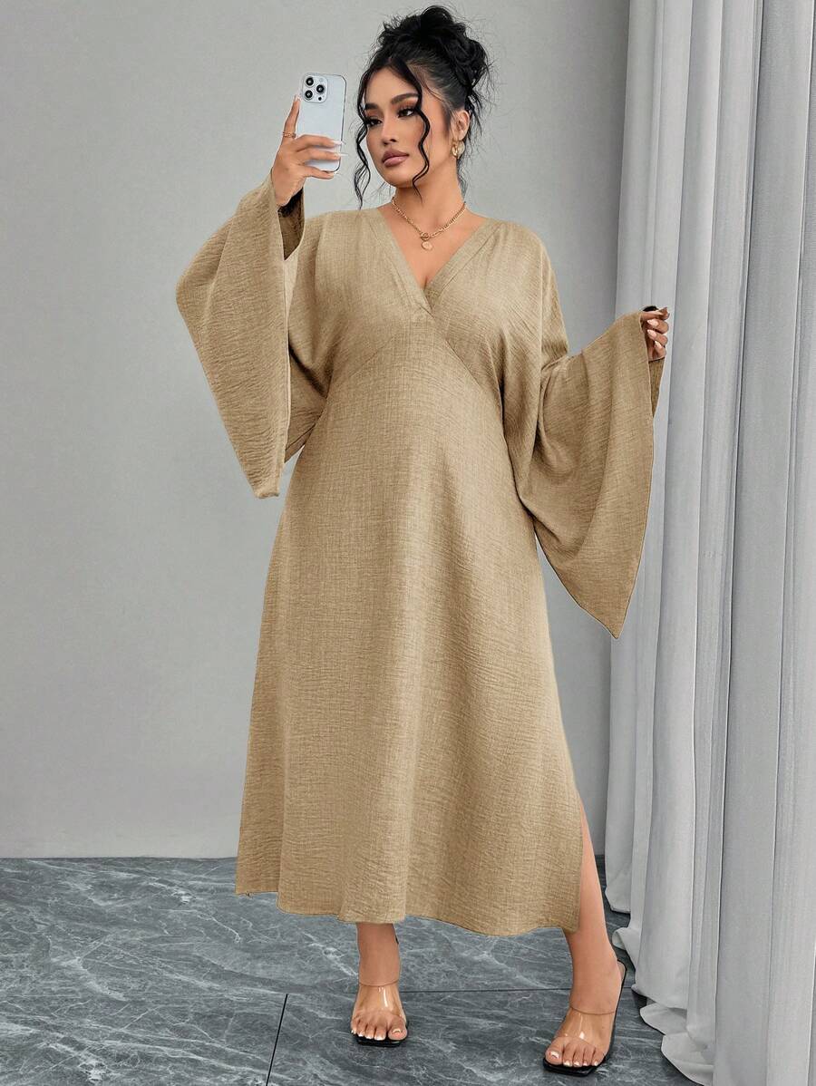 Modelyn Plus Size V-Neck Long Sleeve Casual Dress, Suitable For Summer - Khaki - View 1