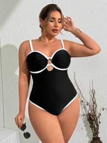Swim Chiccia Plus Size Women One-Piece Swimsuit, Solid Color, High Stretch, High-End Feel For Hot Spring For Summer Beach Vacation - Black - View 4