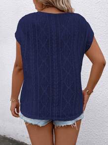 SHEIN LUNE Plus Size Women Jacquard Knit Round Neck Short Sleeve Casual T-Shirt - Navy Blue - View 2