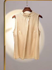 SHEIN Clasi 大码女式无袖金属色纯色衬衫 - 金色 - 查看 1