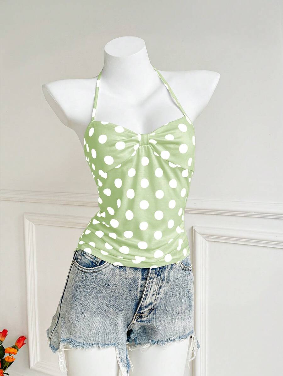SHEIN Unity Valentine's Day Polka Dot Bowknot Ruched Halter Neck Tank Top - Green - View 1