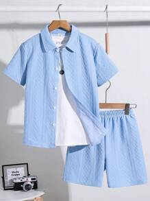 2 Peças Conjunto de Camisa de Manga Curta Solta com Colarinho Polo e Shorts Solta Tecida para Meninos Pré-Adolescentes, Casual e Versátil para Férias - Azul bebê - Visão 9