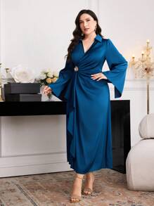 Modelyn Váy dài tay màu trơn cổ chữ V cỡ lớn, tối giản và thời trang cho mùa hè - Màu xanh lam - Xem 7