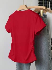 INAWLY Women's Solid Color Round Neck Short Sleeve T-Shirt, Minimalist Fashion Style Suitable For Summer - Red - View 2
