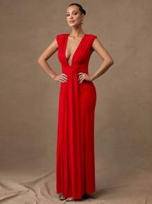 Silquee 高品质毕业礼服，奢华性感，优雅正式，纯色深V领设计，适合婚礼、浪漫情人节和约会等场合。 - 紅色 - 查看 8