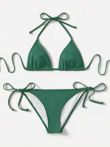 Swim Basics 2pcs/Set Solid Color Halter Tie Bikini Swimsuit For Summer Beach Vacation - Army Green - View 1
