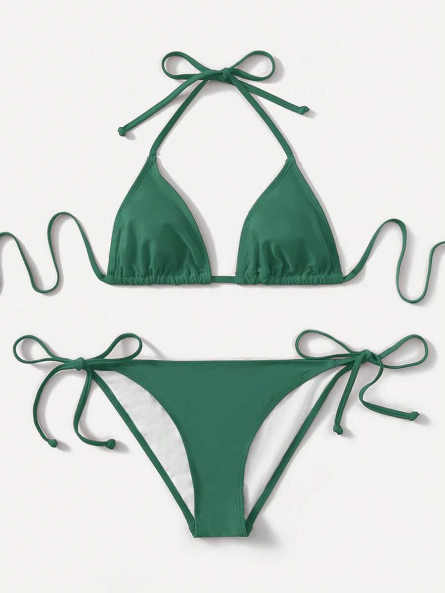 Swim Basics 2pcs/Set Solid Color Halter Tie Bikini Swimsuit For Summer Beach Vacation - Army Green - View 1