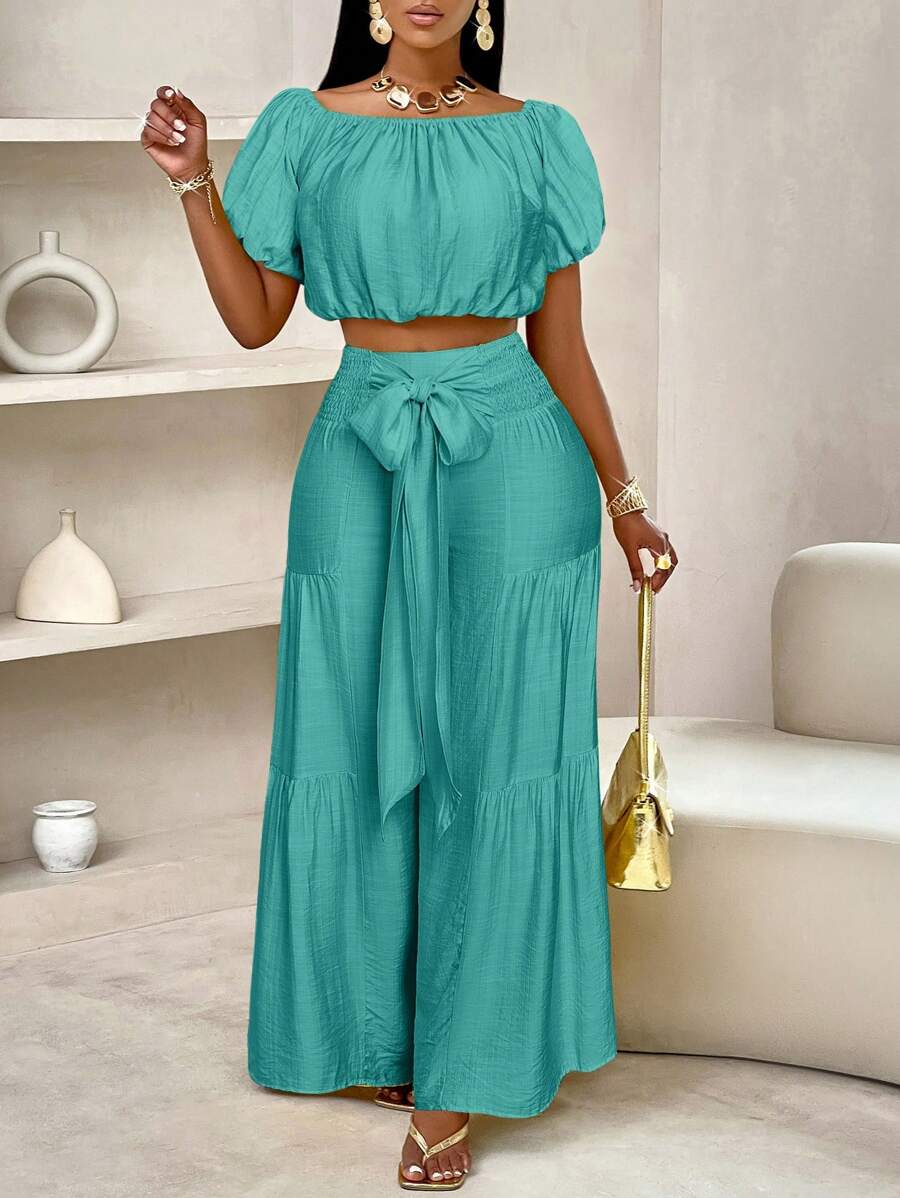 SOLERSUN Bộ quần ống rộng xếp nếp tay bồng một bên vai phong cách kỳ nghỉ hè trên bãi biển - Màu xanh lam - Xem 1
