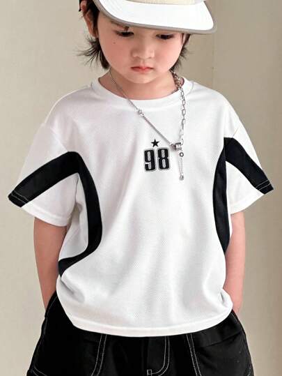 SHEIN 1 件儿童休闲百搭时尚拼色数字和字母印花短袖 T 恤，舒适宽松，适合春夏季、日常、运动、外出、校园、派对、节日、摄影