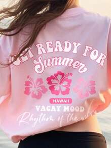 SHEIN Aloha 花卉图案休闲宽松粉色短袖 T 恤和黑色自行车短裤两件套，适合少女，复古度假氛围，适合夏季 - 彩色 - 查看 5